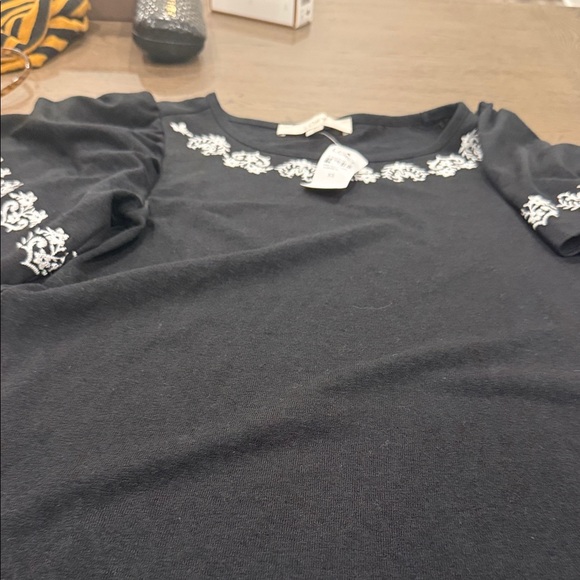 LOFT Black Top with White Embroidery - Picture 1 of 2
